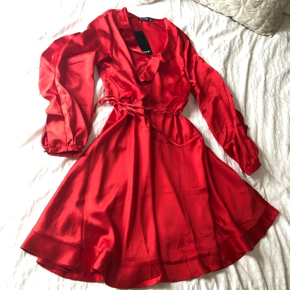 Red Satin Ruffle Dress - Picture 2 of 7